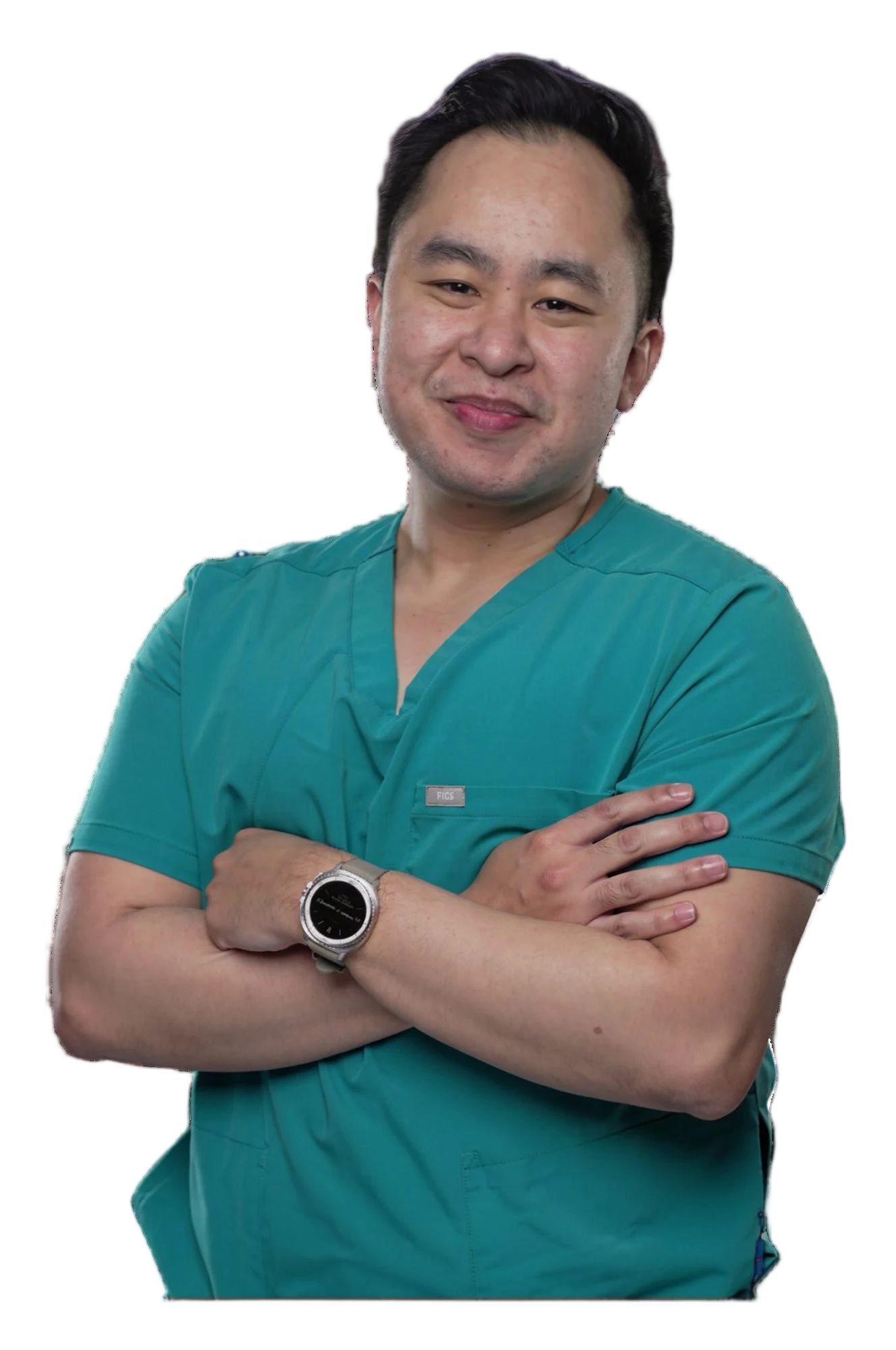 Neill Papa, former long-term care nurse and retirement strategist, in teal scrubs